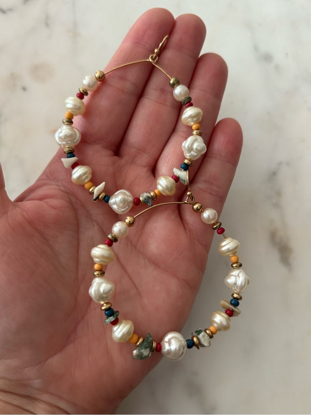 Handcrafted Pearl & Multicolor Bead Hoop Earrings